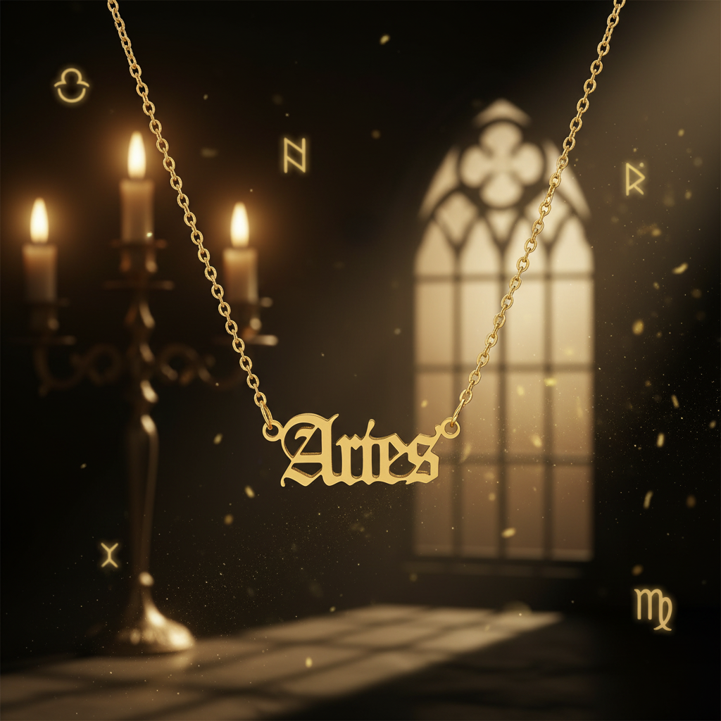 Gold 'Aries' necklace on a black background
