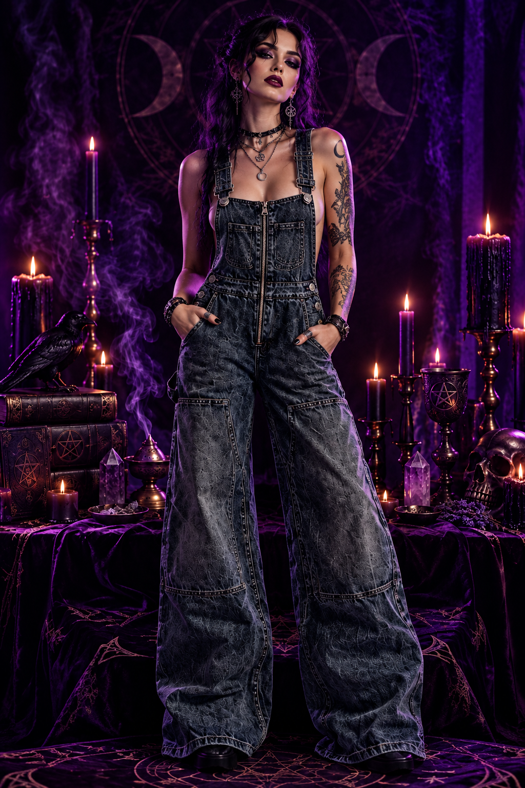Witchcraft Y2K Denim Overalls, close up detail