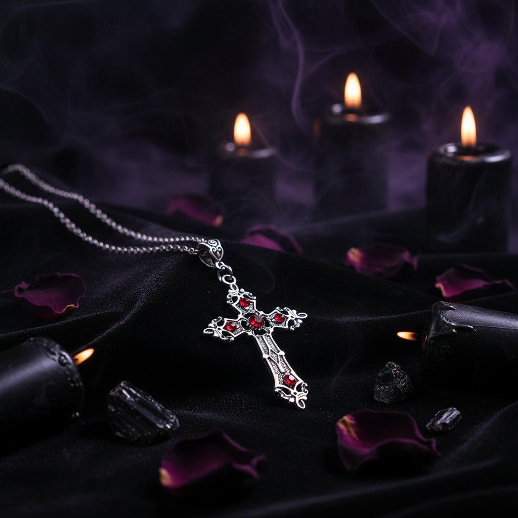 Silver cross pendant with red stones on a white background