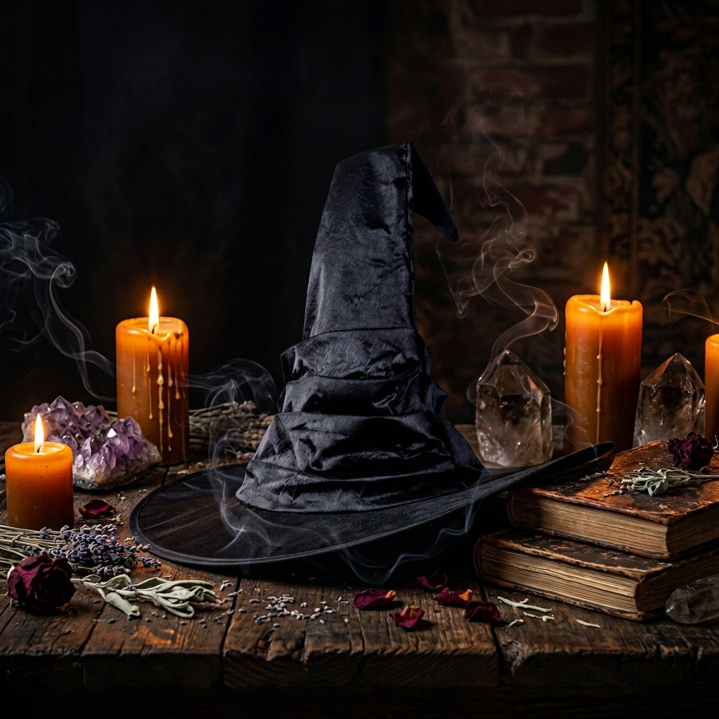Curved Black Pleated Witch Hat for Halloween Sorceress Sanctuary