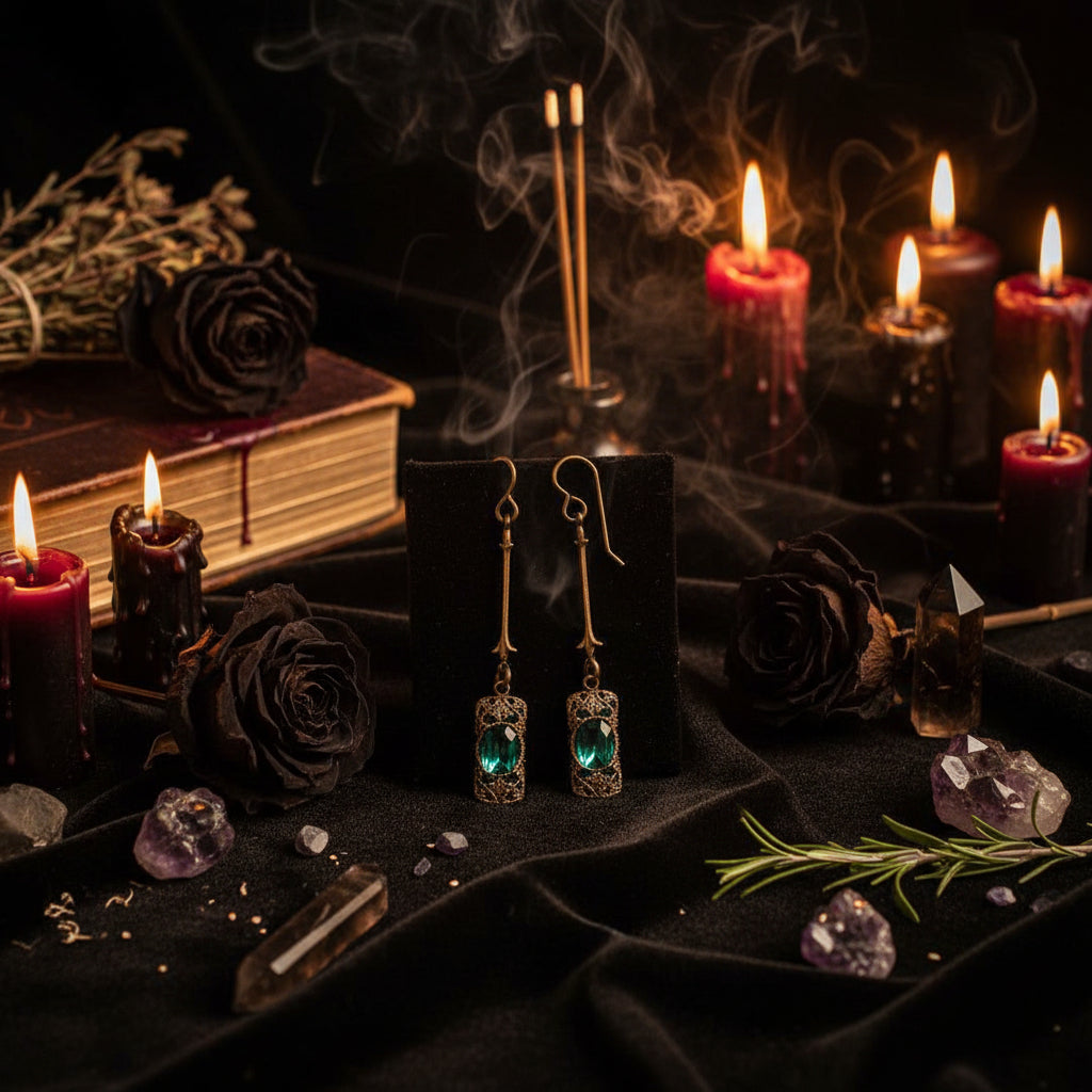 Pair of earrings with green gemstones and bronze accents on a white background, with three jewelry boxes displayed below.