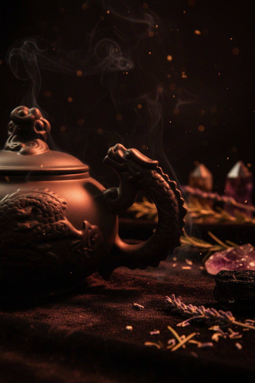 Black ceramic teapot with dragon handle on a white background