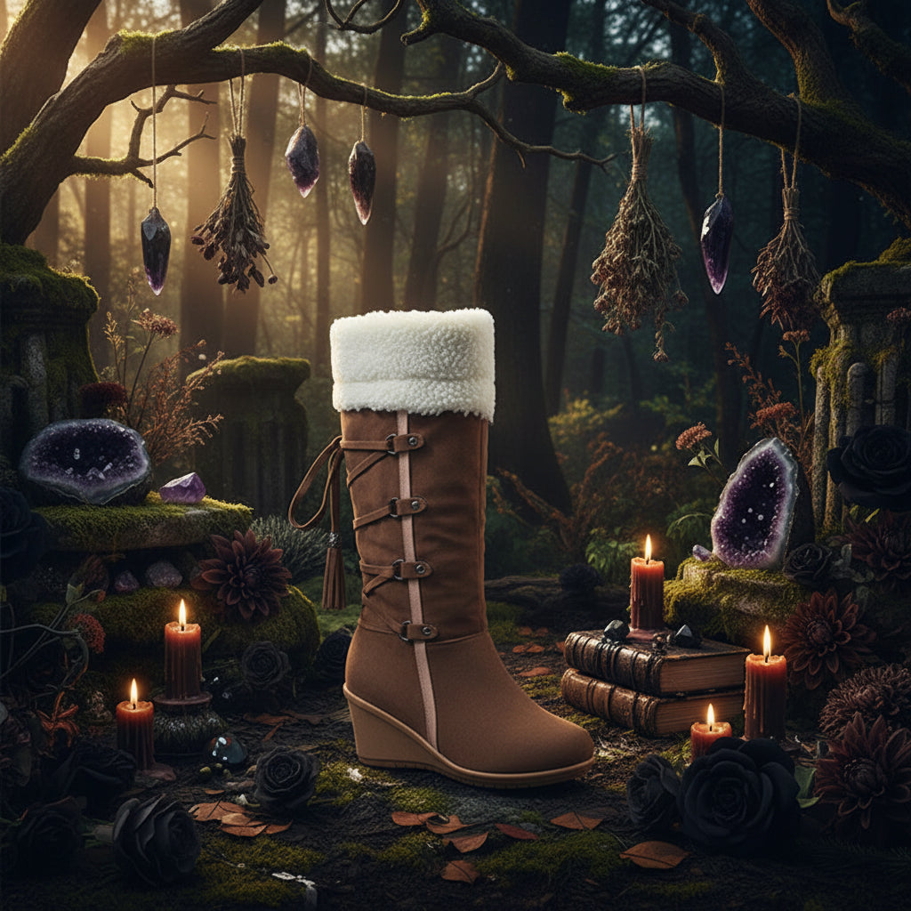 A brown suede mid-calf boot with a white sherpa fleece cuff, side buckle straps, and a wedge heel, shown against a plain white background.