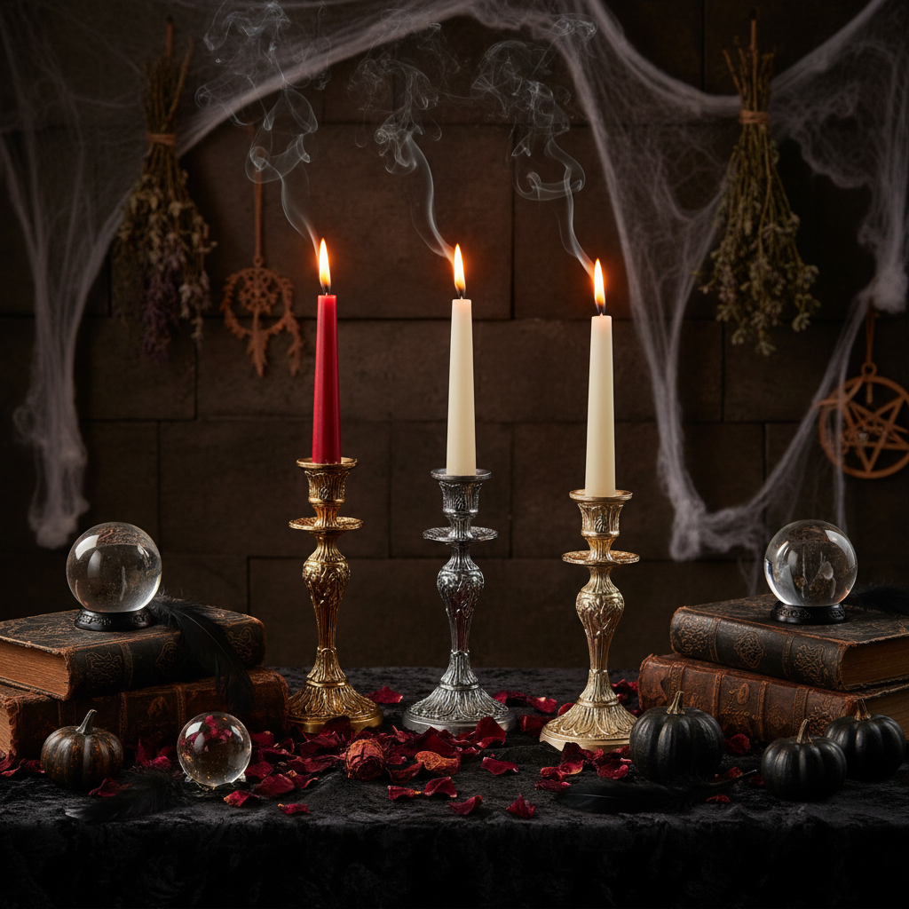 Four LED flameless taper candles in red and white with gold and silver candlestick holders, shown lit on a table with books and flowers in the background.
