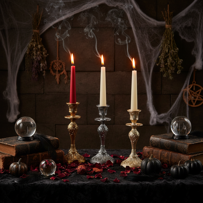 Four LED flameless taper candles in red and white with gold and silver candlestick holders, shown lit on a table with books and flowers in the background.