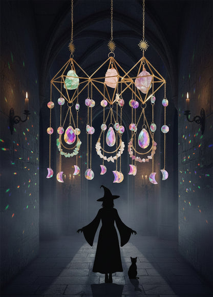 Decorative hanging crystal mobile with colorful stones and gold accents on a neutral background