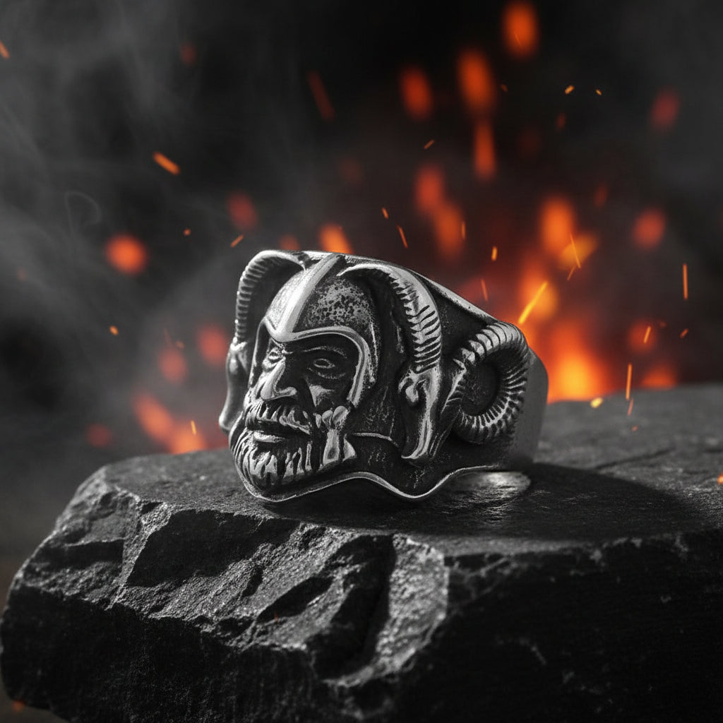 A silver-toned Viking ring featuring a highly detailed horned helmet and face design, displayed on a reflective black surface.