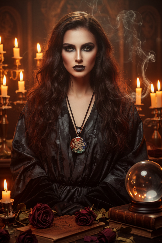 Decorative pendant with intricate design on a dark surface