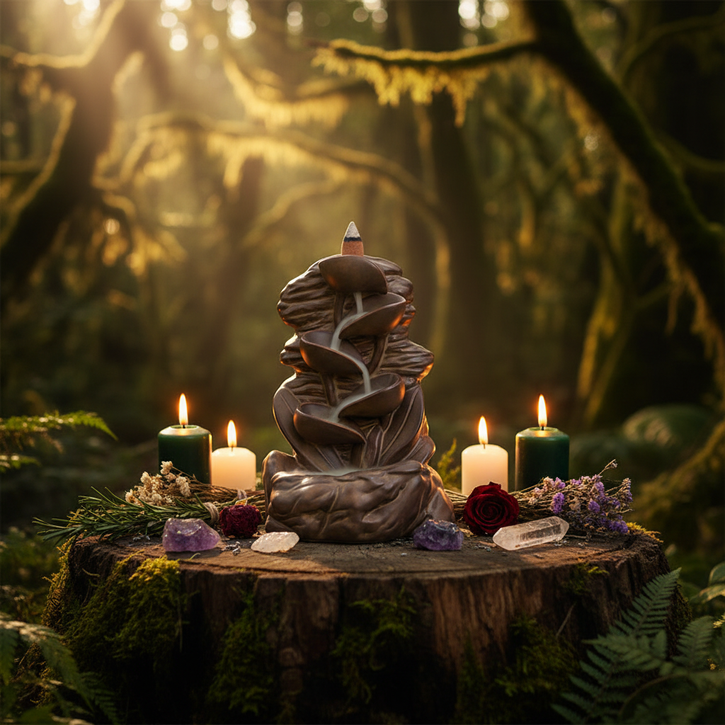A smoking incense burner sculpture sits on a mossy tree stump in a sunlit forest clearing, surrounded by four lit candles, crystals, and small flowers.