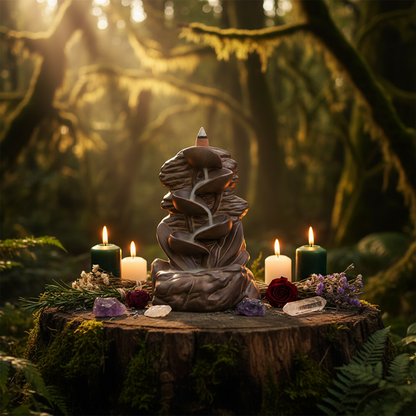 A smoking incense burner sculpture sits on a mossy tree stump in a sunlit forest clearing, surrounded by four lit candles, crystals, and small flowers.