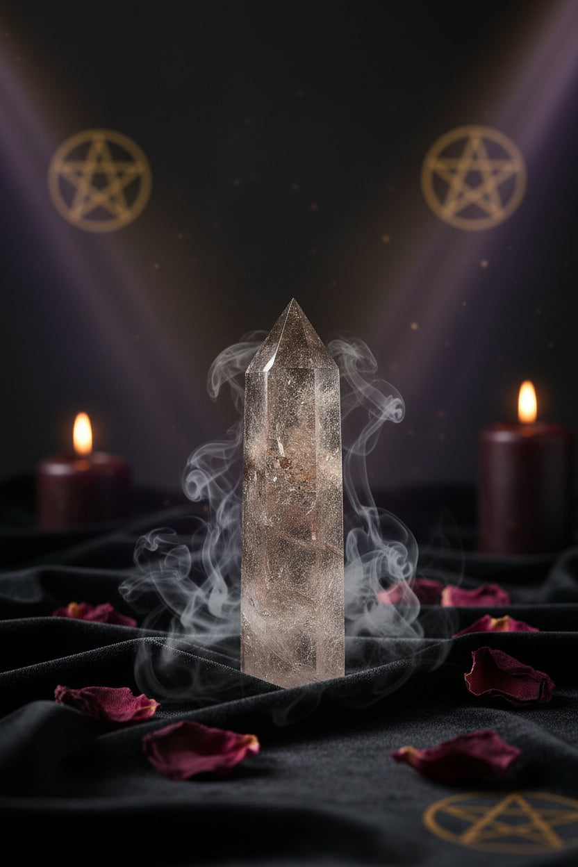 Crystal tower on a white surface with a blurred background