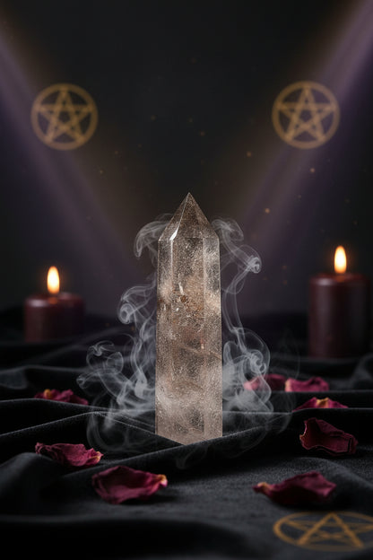 Crystal tower on a white surface with a blurred background