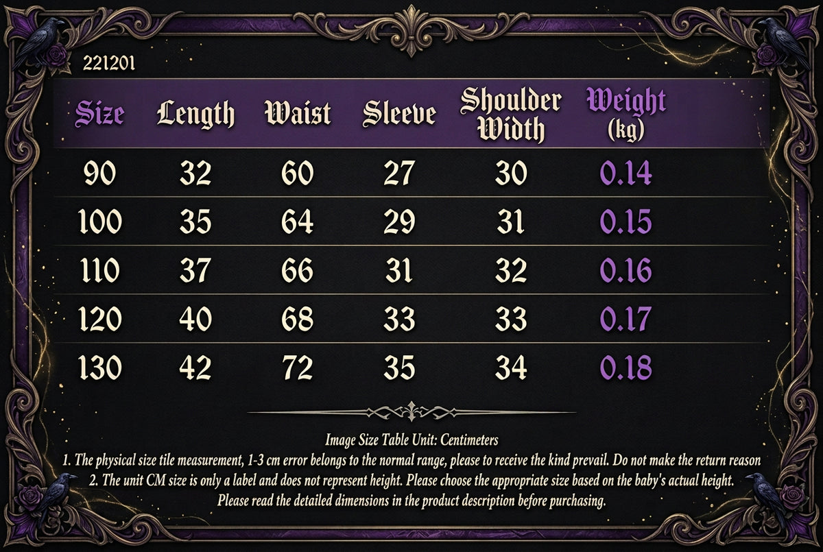 A size chart and sizing table for a baby clothing item, showing sizes 90 to 130, lengths, weights, and suggested ages in centimeters and kilograms. A small photo of an orange hooded outfit appears on the left, with explanatory text below.