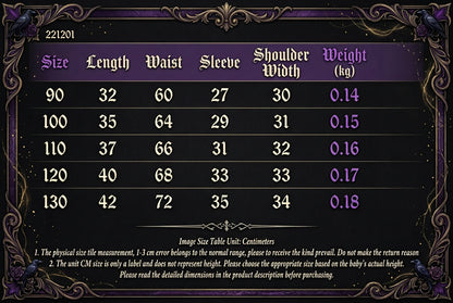 A size chart and sizing table for a baby clothing item, showing sizes 90 to 130, lengths, weights, and suggested ages in centimeters and kilograms. A small photo of an orange hooded outfit appears on the left, with explanatory text below.