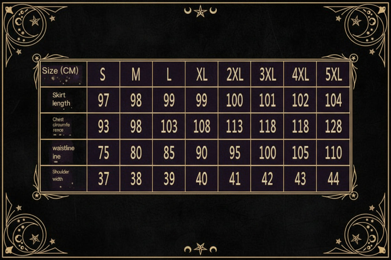 A size chart table showing measurements in centimeters for skirt length, chest circumference, waistline, and shoulder width across sizes S through 5XL.