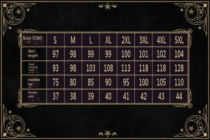 A size chart table showing measurements in centimeters for skirt length, chest circumference, waistline, and shoulder width across sizes S through 5XL.