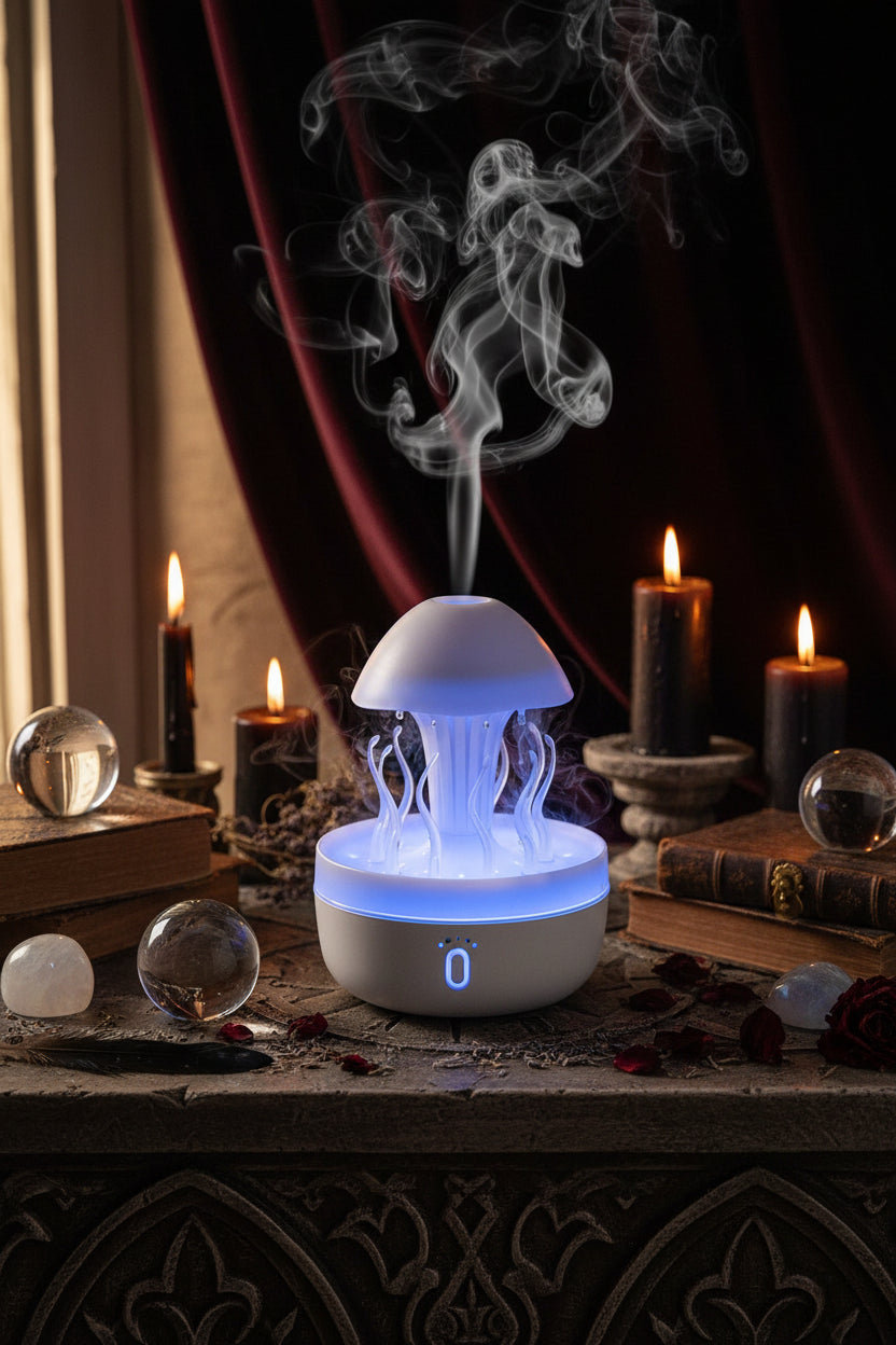 A glowing blue and white mushroom-shaped raindrop diffuser with translucent tentacle-like drops, shown below marketing text that reads 'Simulating raindrops' and 'The visible art of scent.'.