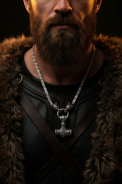 Silver necklace with a detailed pendant on a white background