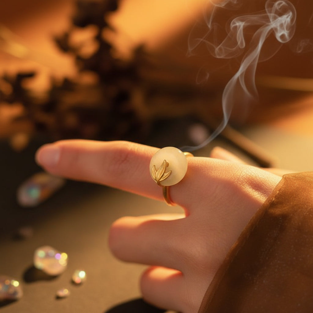 Close-up of a hand wearing a delicate ring with a gold leaf design on a blurred background