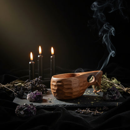 Hand holding a wooden cup with a handle, blurred background
