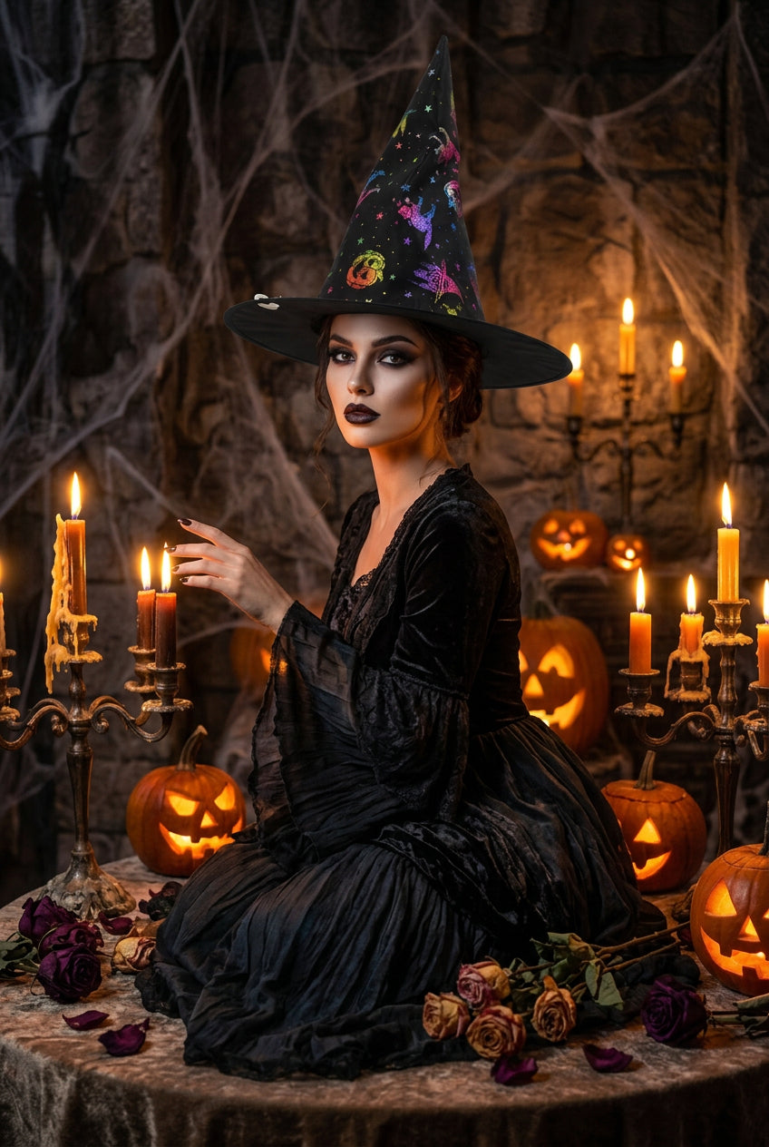 Black witch hat with colorful designs on a white background