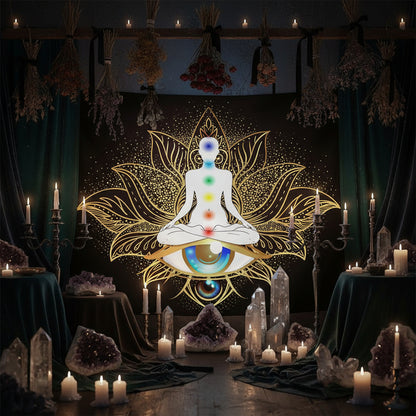 Tapestry with a meditating figure and chakra colors in a living room setting