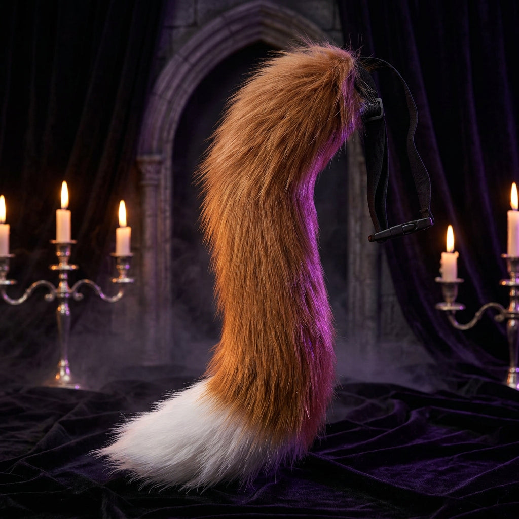 Brown furry tail with a black strap on a white background