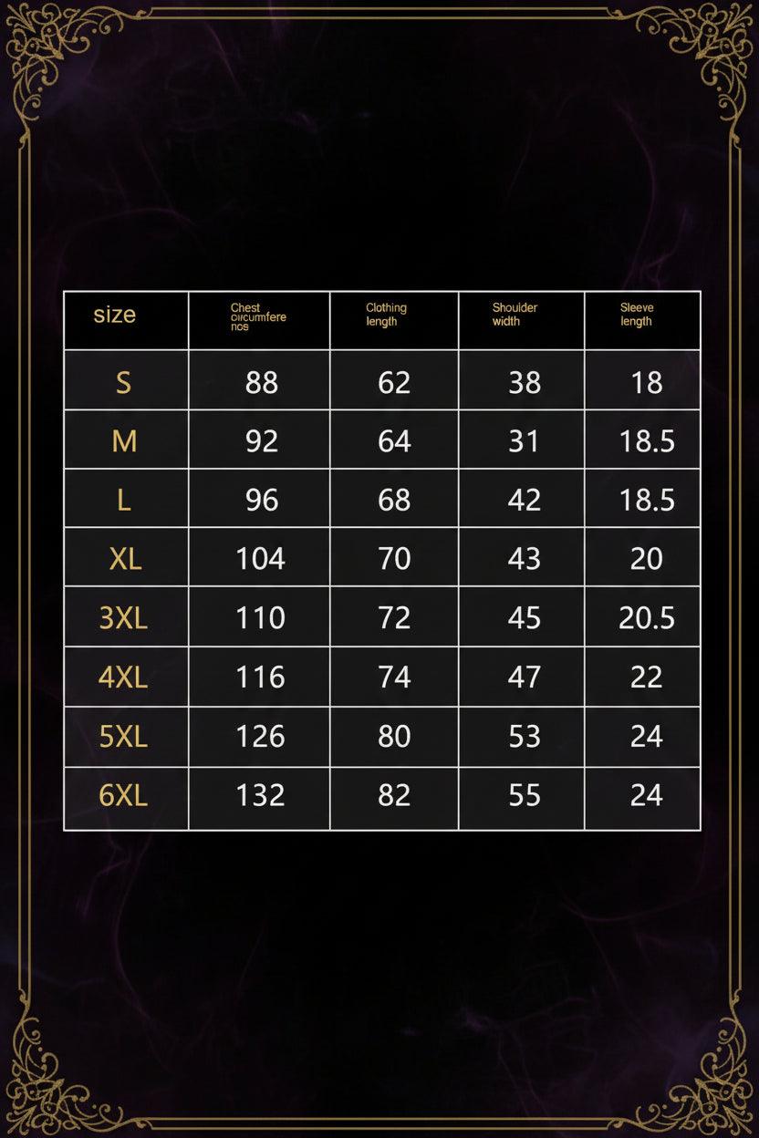 A size chart table with columns for size, chest circumference in cm, clothing length in cm, shoulder width in cm, and sleeve length in cm, listing S through 6XL.