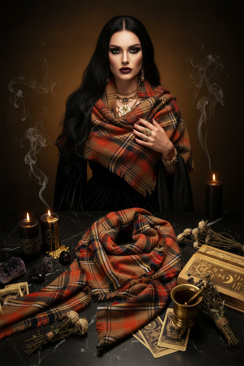 Cashmere Scarf with Fringe and Plaid Design Sorceress Sanctuary