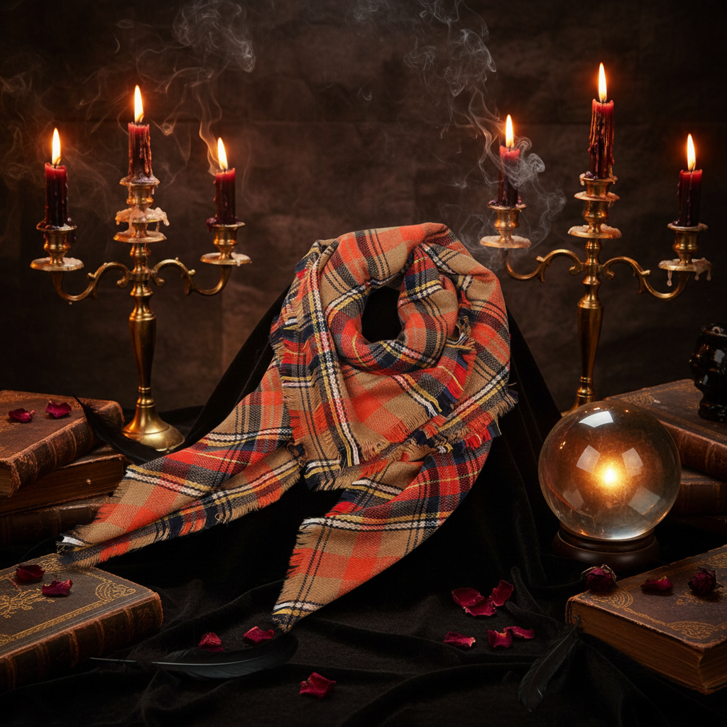 A plaid scarf in red, orange, beige, and navy tones is draped over a black cloth, surrounded by vintage books, lit candles in brass candelabras, scattered rose petals, and a glass orb on a dark background.