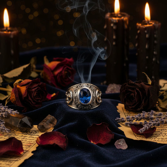 Silver ring with blue stone on a marble surface