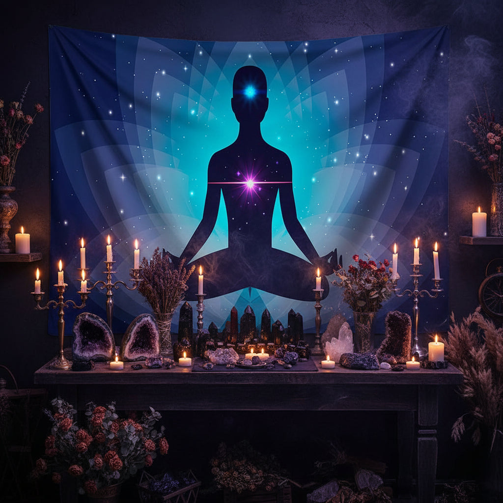 Meditation-themed tapestry with a silhouette of a person in a lotus position on a wall above a white sofa.