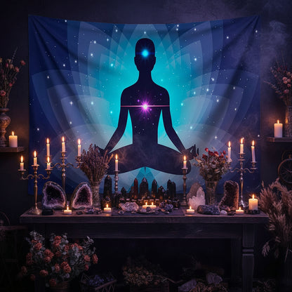 Meditation-themed tapestry with a silhouette of a person in a lotus position on a wall above a white sofa.