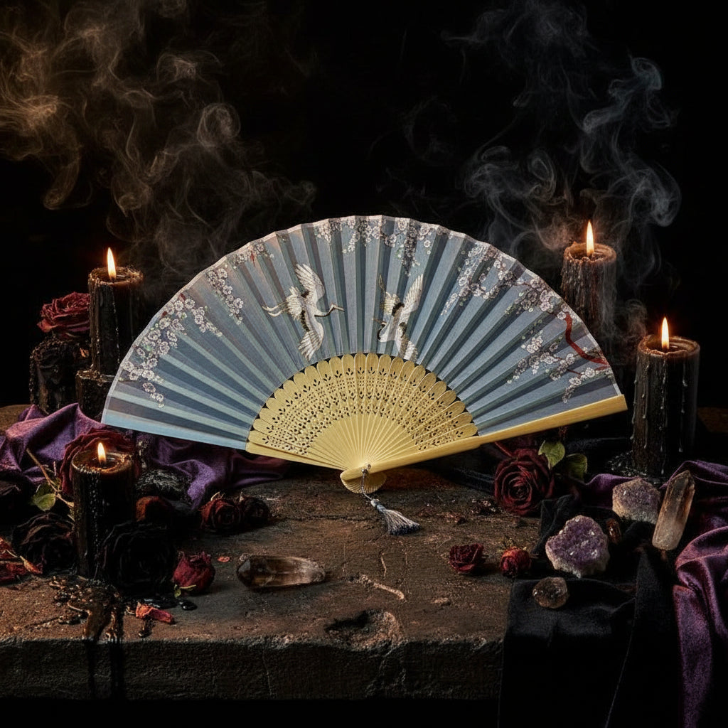 Decorative hand fan with floral and fairy design on a white tray