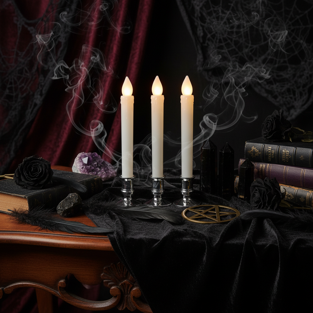 Three flameless LED taper candles with silver candlestick holders, lit to show a warm glowing effect, set against a cozy background with books and a potted plant.