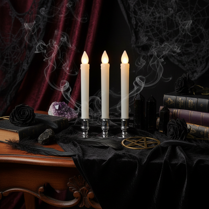 Three flameless LED taper candles with silver candlestick holders, lit to show a warm glowing effect, set against a cozy background with books and a potted plant.