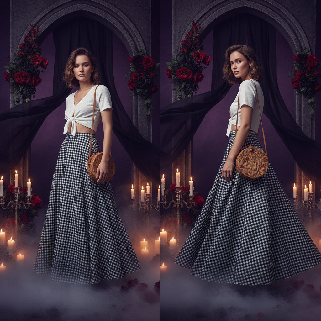 Two views of a woman wearing a long gingham maxi skirt. The left view shows a black and white check pattern, and the right view shows a navy and white check pattern.
