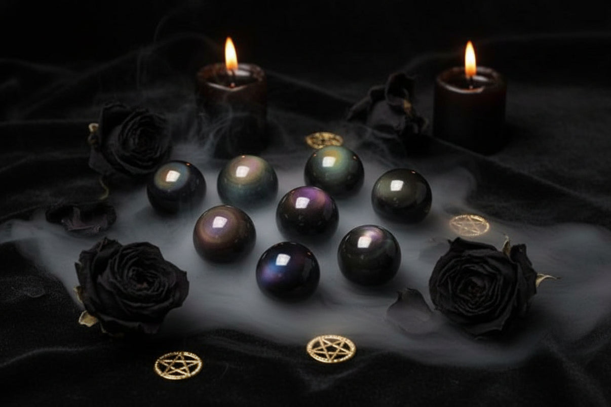 Seven round black pearls with iridescent purple, green, and gold reflections, arranged on a dark textured fabric background.