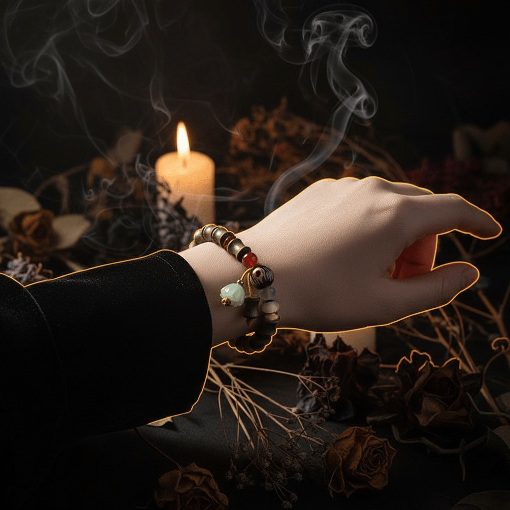 A close-up of a person's wrist wearing a beaded bracelet with bamboo-style green beads, a small red bead, a black-and-white patterned accent, and a dangling pale green bell charm, set against a soft white textured garment.