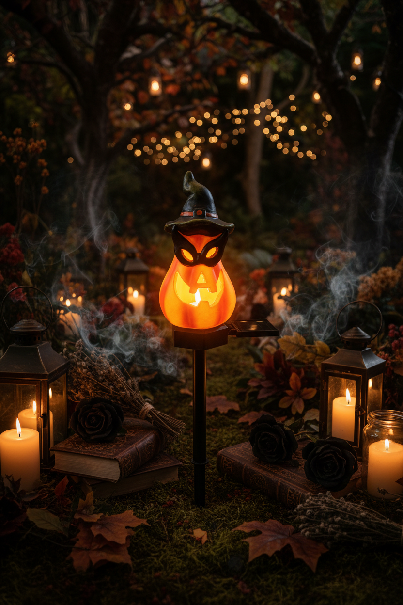 A Halloween yard stake decoration shaped like a carved orange pumpkin with a black witch hat and mask, mounted on a black stake with a small side-mounted light or solar panel, shown on a plain white background.