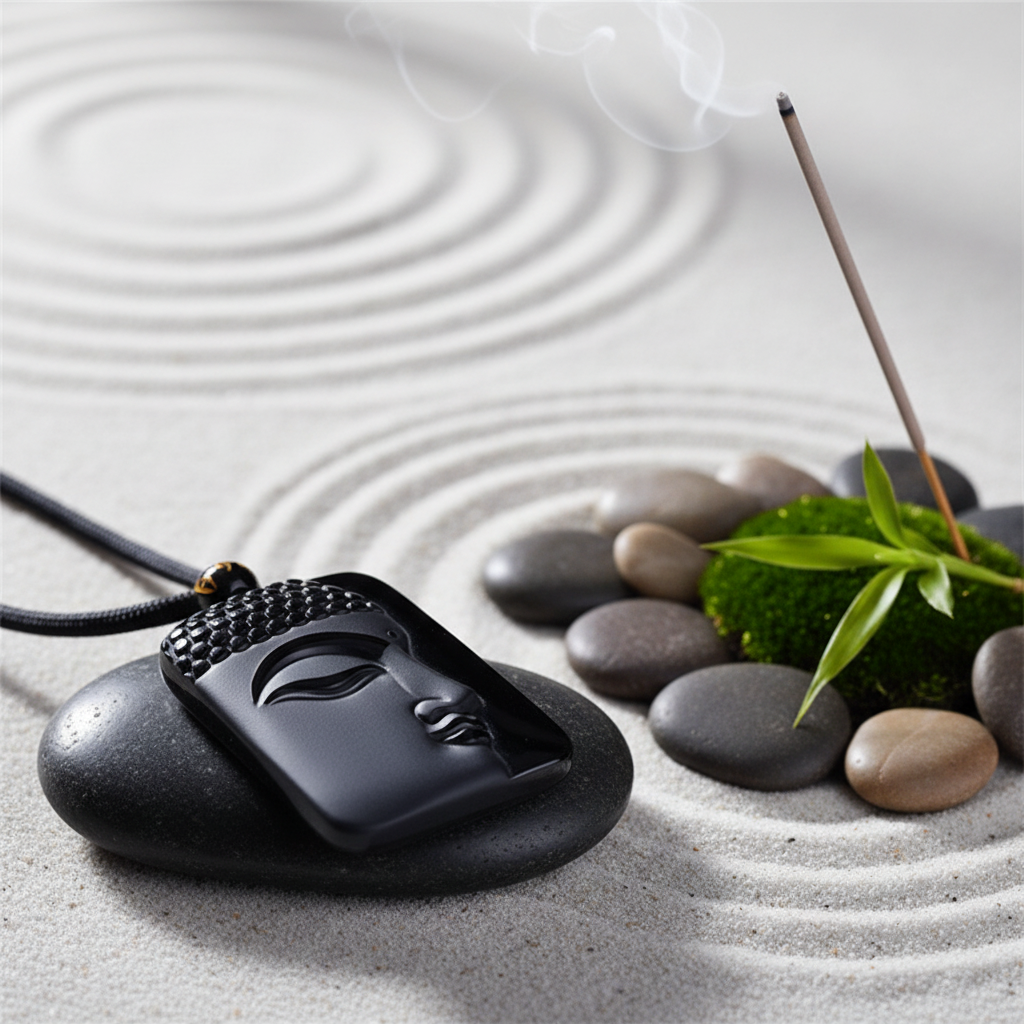 A black carved Buddha pendant with a smooth, polished finish, featuring a textured hair pattern and a small gold accent on the top loop, set against a rustic wood background.