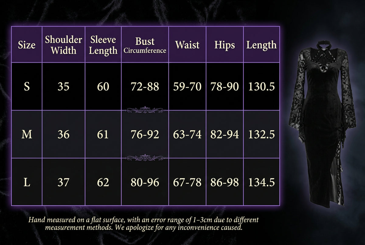 Size measurement chart for a black long-sleeve dress, showing size S, M, and L measurements in a table on the left, and a full-length view of the black dress on a mannequin on the right.