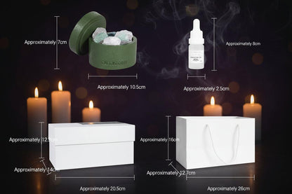 Product packaging and item dimensions diagram showing a small round green crystal holder with crystals, a white dropper bottle, a white box, and a white gift bag with measurement labels on a light gray background.