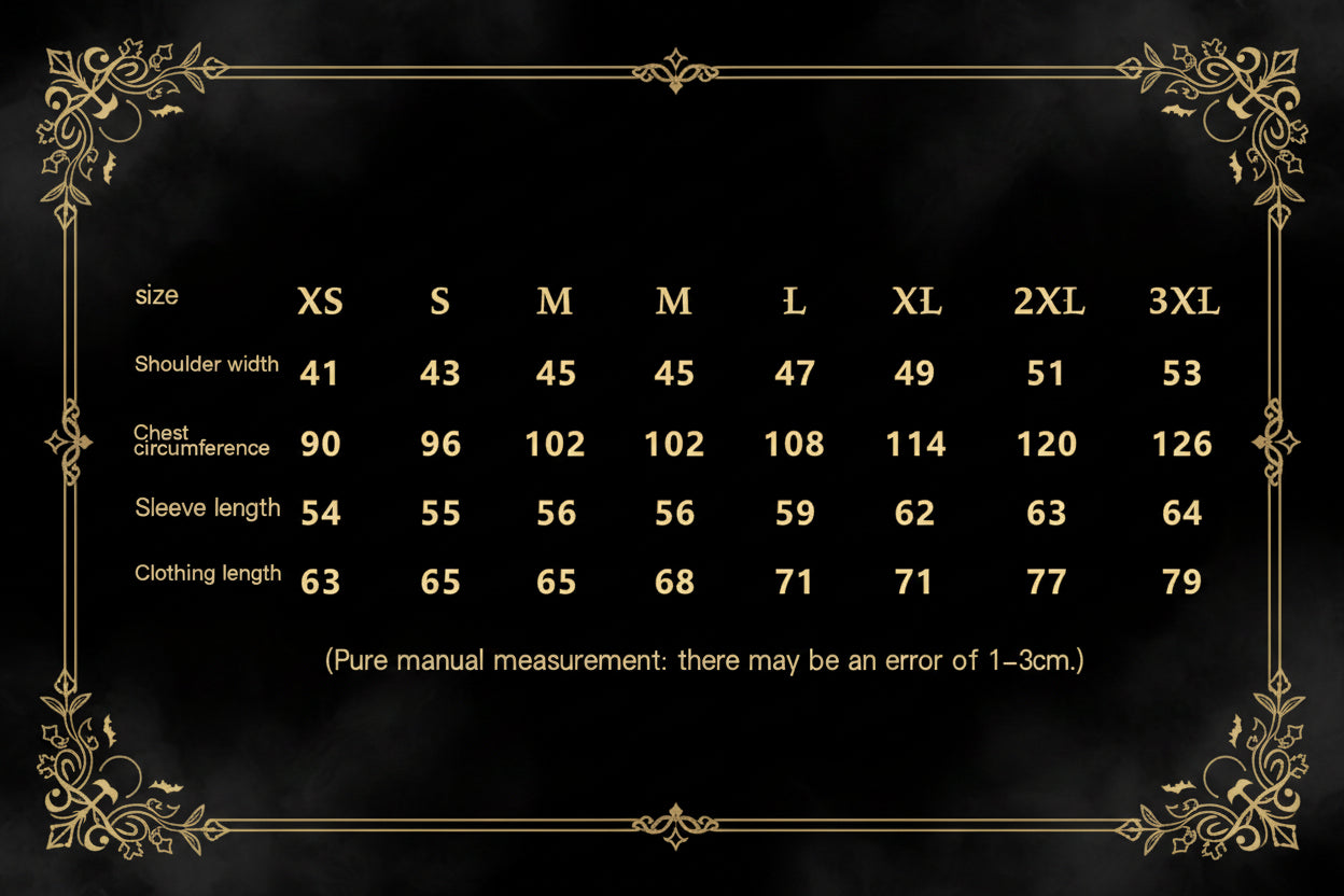 A size measurement chart showing measurements for sizes XS through 3XL, including shoulder width, chest circumference, sleeve length, and clothing length, with a note at the bottom stating pure manual measurement may have an error of 1-3cm.