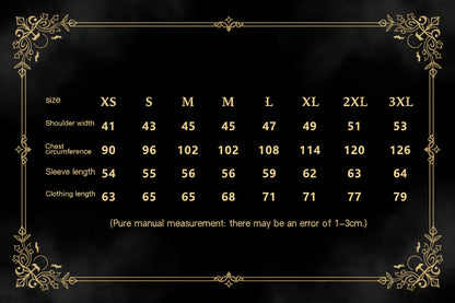 A size measurement chart showing measurements for sizes XS through 3XL, including shoulder width, chest circumference, sleeve length, and clothing length, with a note at the bottom stating pure manual measurement may have an error of 1-3cm.
