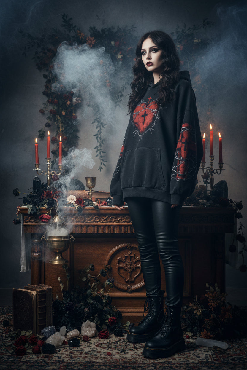 Black hoodie with red heart and cross design on a gray background