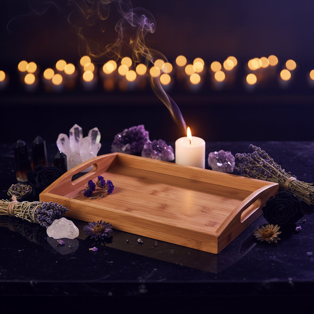 Wooden tray with dimensions labeled on a white background