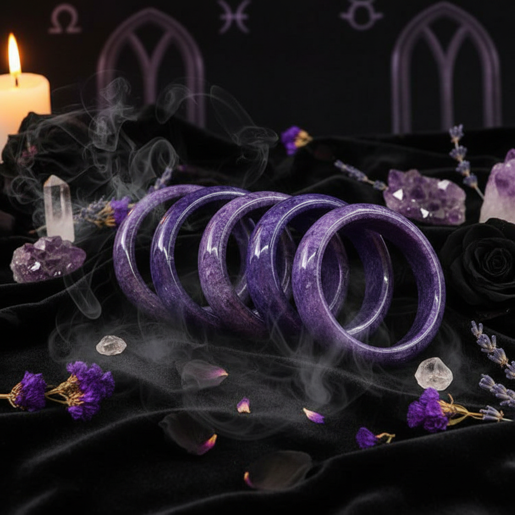 Purple bracelets on a white surface with a remote control in the background