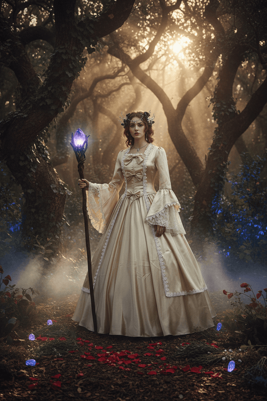 Vintage-style dress with lace details on a gray background