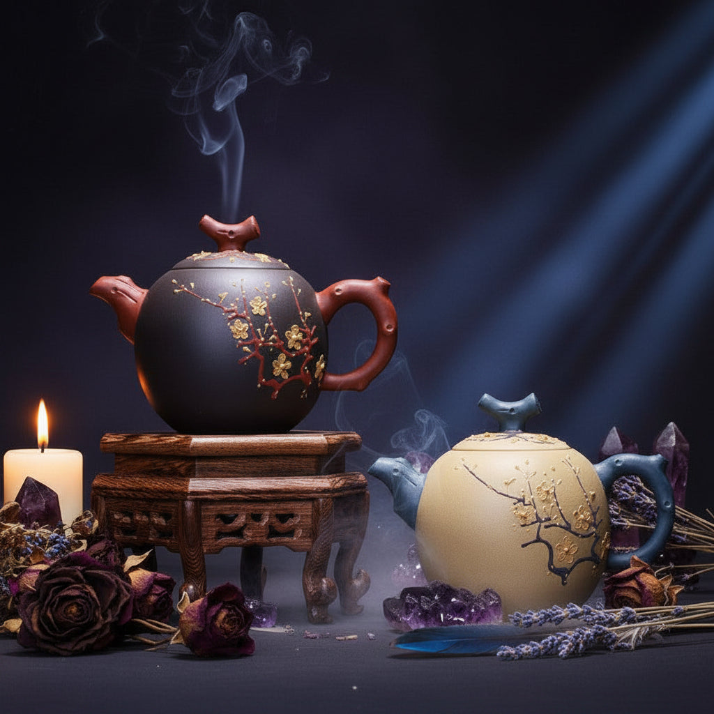 Two ceramic teapots with decorative elements on a wooden surface with a dark background and greenery.